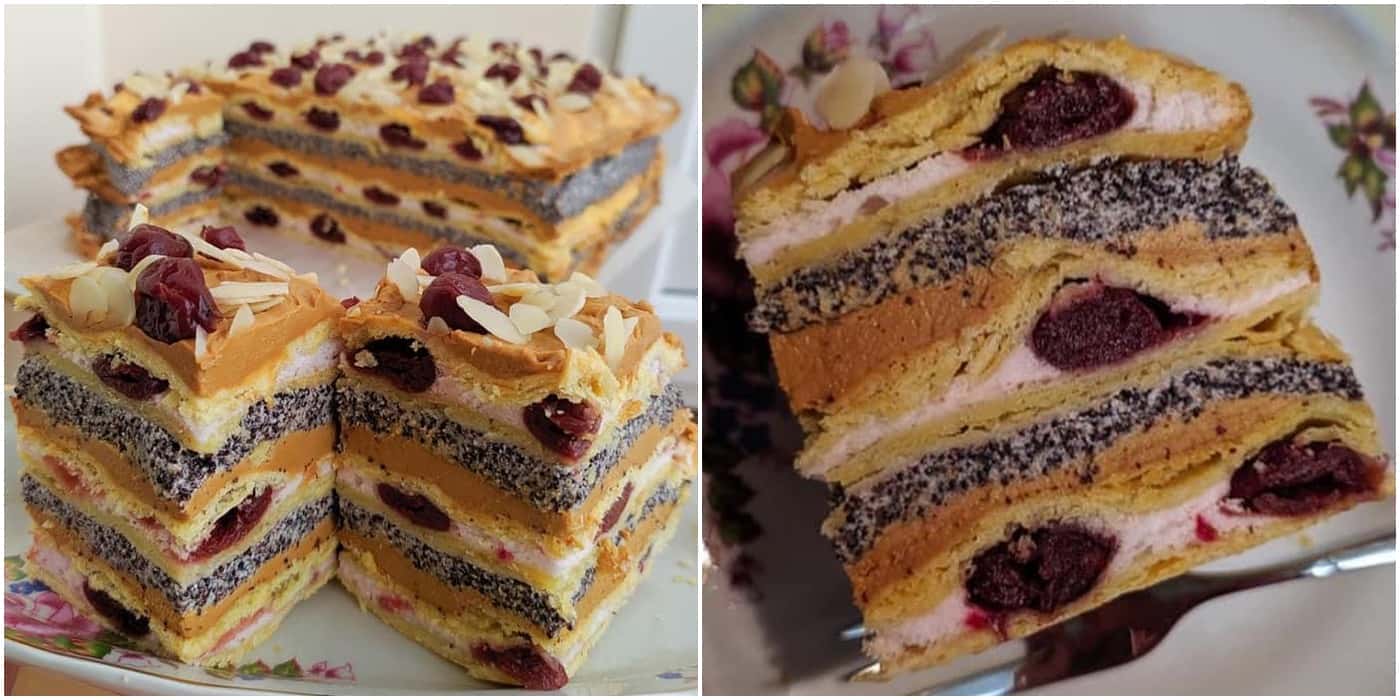 Торт "Зимова вишня" з маково-заварним кремом, кисленькими вишнями на слойонім тісті - це неймовірна смакота від української господині
