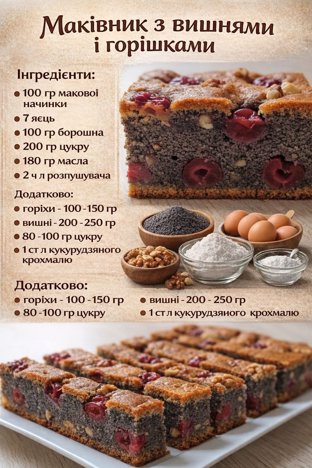 Маківник з вишнями та горішками, любителі такого поєднання оцінять по достоїнству!